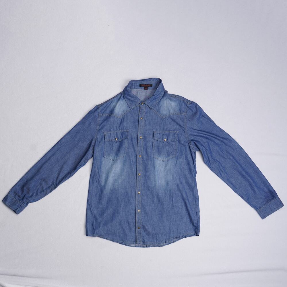 Biography Mens L Blue Chambray Western Snap Front Shirt Long Sleeve Denim Wash